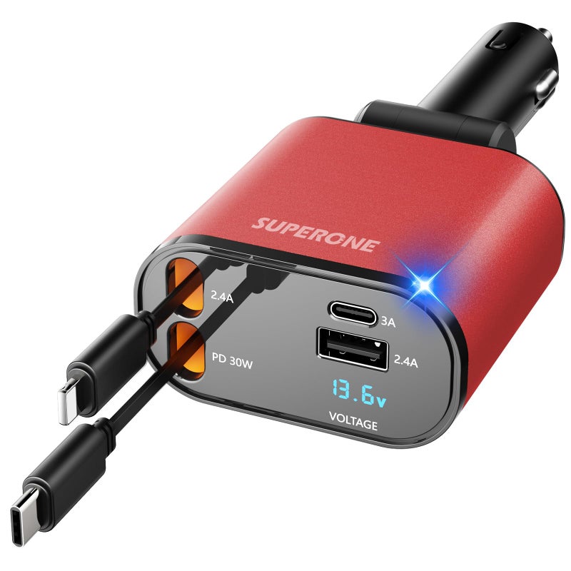 SUPERONE ã€Upgradedã€‘ SUPERONE Retractable Car Charger 4 in 1, Fast Car Phone Charger with Cord 2.6ft, USB C and Apple Car Charger Adapter, Compatible with iPhone 17/16/15/15 Pro Max/14/13/12/11, Galaxy, Pixel - Image 1