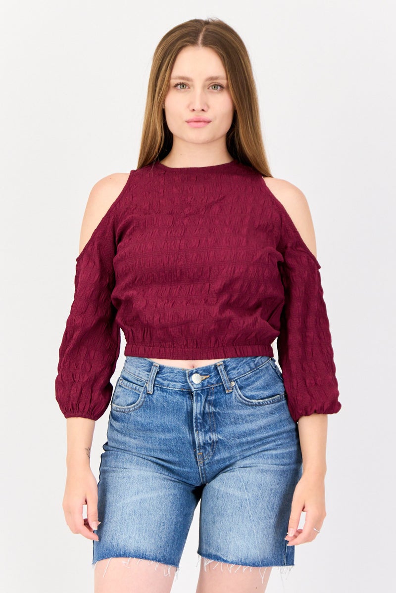 ONLY Women Crew Neck Cold Shoulder Cut Out Textured Top, Dark Purple - Image 1