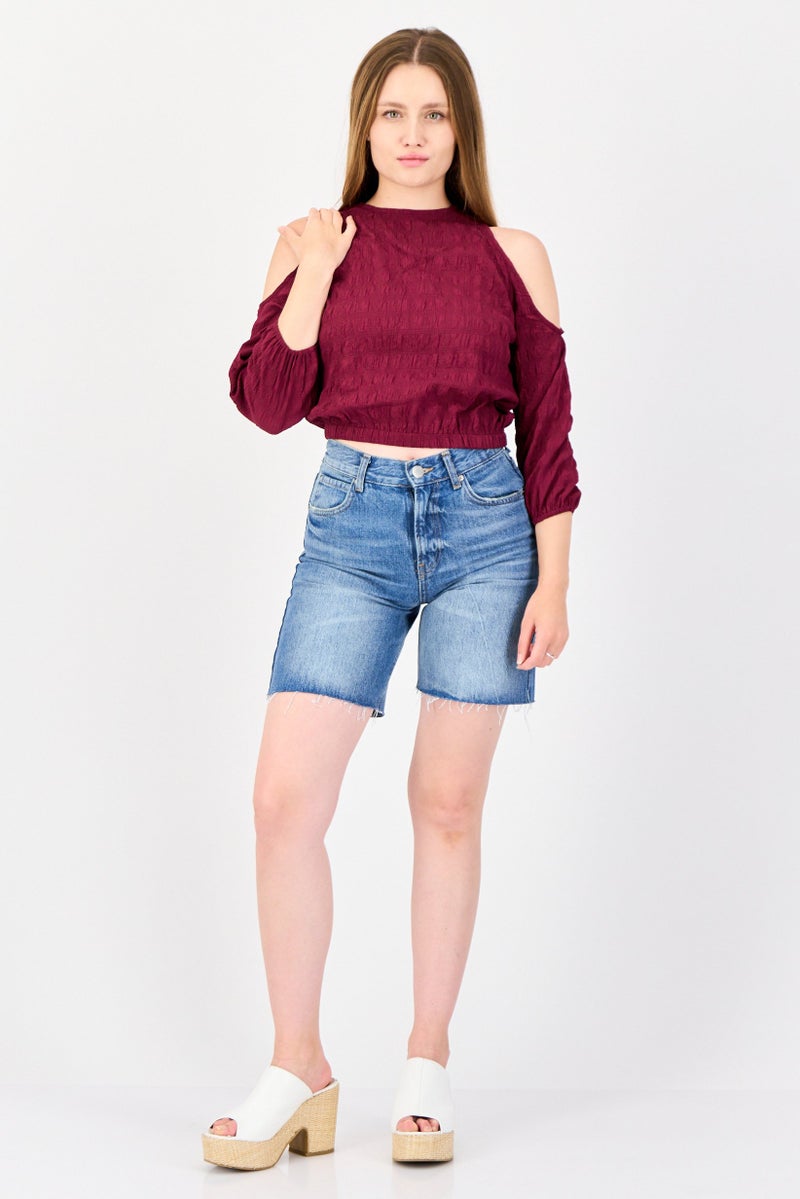 ONLY Women Crew Neck Cold Shoulder Cut Out Textured Top, Dark Purple - Image 4