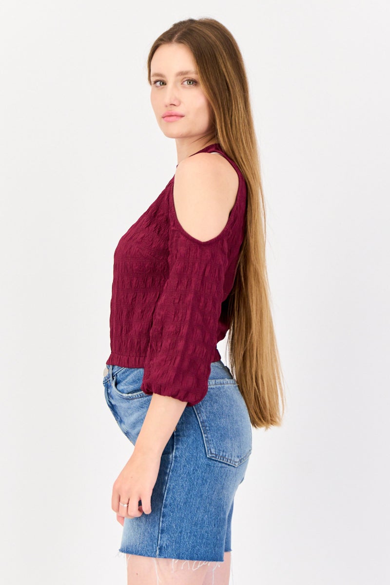 ONLY Women Crew Neck Cold Shoulder Cut Out Textured Top, Dark Purple - Image 3