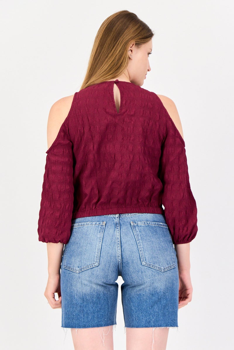ONLY Women Crew Neck Cold Shoulder Cut Out Textured Top, Dark Purple - Image 2