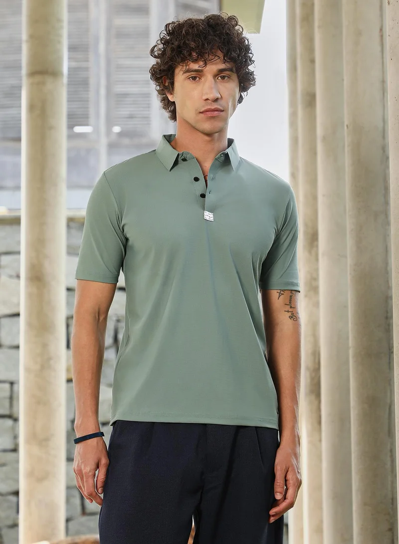 Campus Sutra Men's Sage Green Seamless Waffle Polo T-Shirt