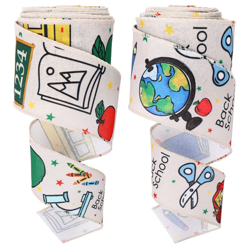 Whaline 2 Rolls 20 Yards Back to School Wired Edge Ribbon School Themed Fabric Decorative Craft Ribbons Teacher Themed School Supplies Pattern Ribbon for Gift Wrapping Hair Bow Sewing Wreath