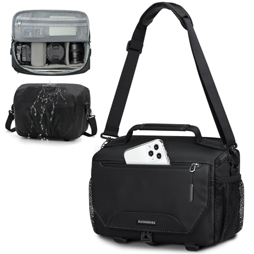 RAINSMORE Camera Bag, Small DSLR/SLR/Mirrorless Camera Sling Bag Waterproof Camera Case with Tripod Holder & Rain Cover Compact Crossbody Camera Bags for Photographers Everyday Shoulder Bags, Black - Image 1
