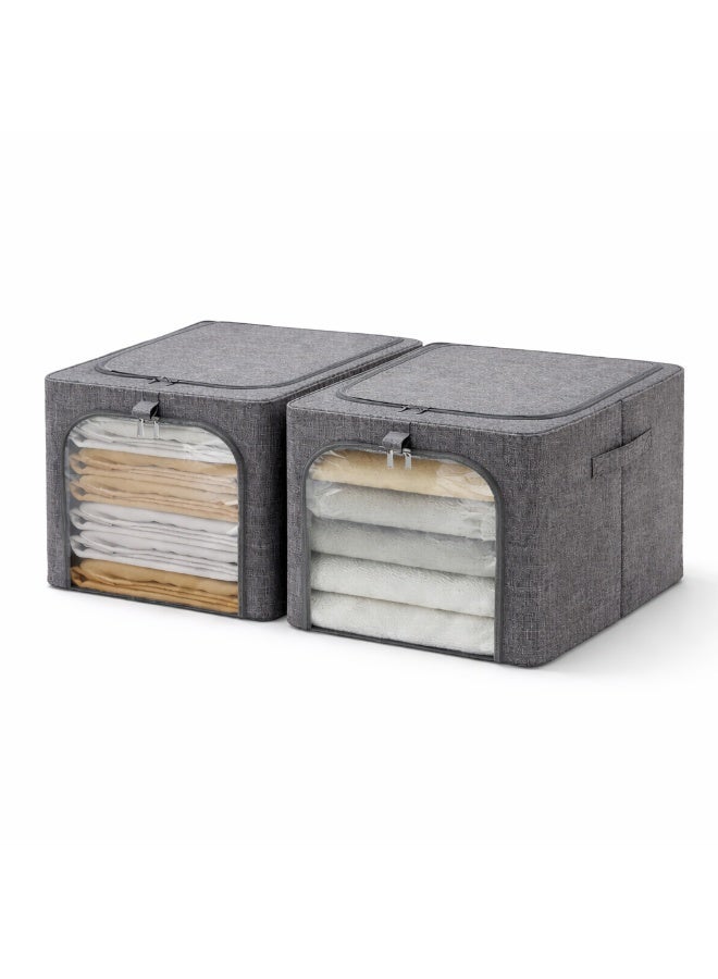 Foldable Fabric Storage Box with Lid, Zipper, Clear Window and Handles, Clothes Organiser for Blankets and Bedding, 40x30x33.5cm, Grey - Image 1