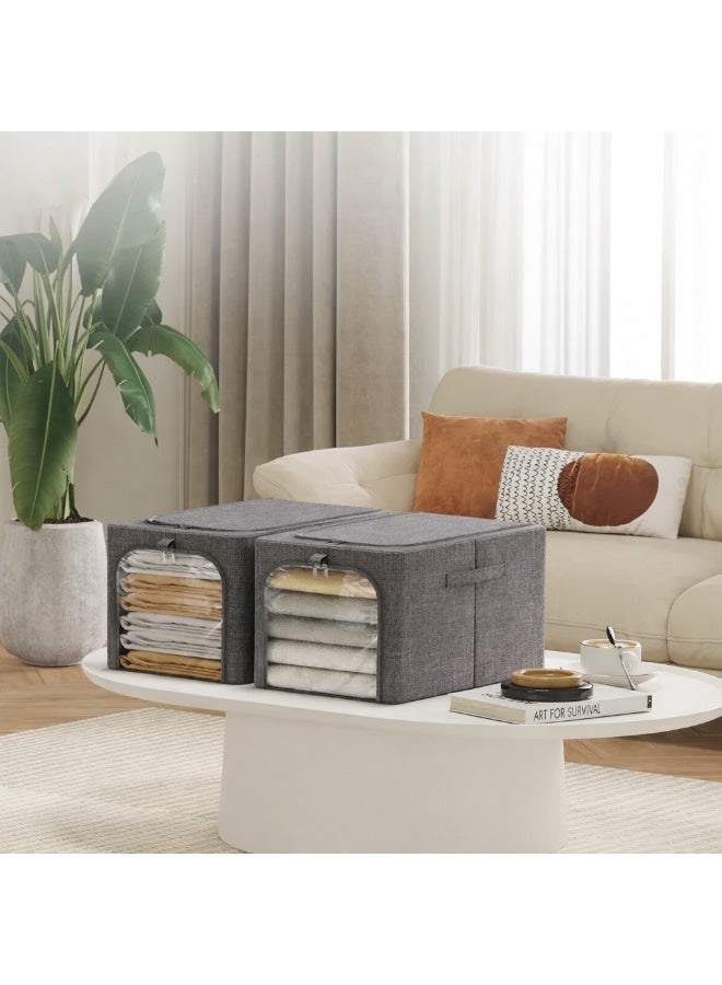 Foldable Fabric Storage Box with Lid, Zipper, Clear Window and Handles, Clothes Organiser for Blankets and Bedding, 40x30x33.5cm, Grey - Image 2