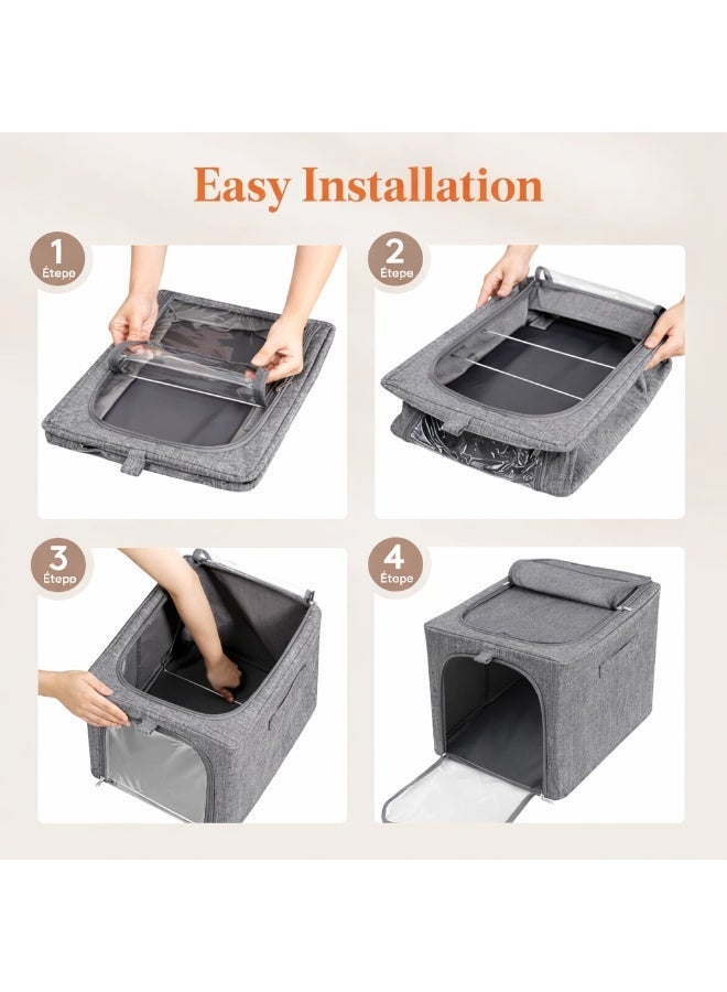 Foldable Fabric Storage Box with Lid, Zipper, Clear Window and Handles, Clothes Organiser for Blankets and Bedding, 40x30x33.5cm, Grey - Image 4