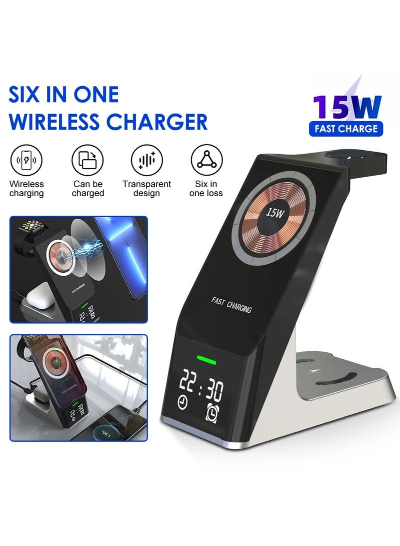 MOCOM Ultimate 6-in-1 Wireless Charger Stand: Fast 15W Charging Dock Station for iPhone 16/15/14/13/12/11, Samsung, Apple Watch, AirPods Pro, iWatch | All-in-One Magnetic Charging Solution with Digital Display, Vertical & Horizontal Charging, Wide Compatibility - Image 1