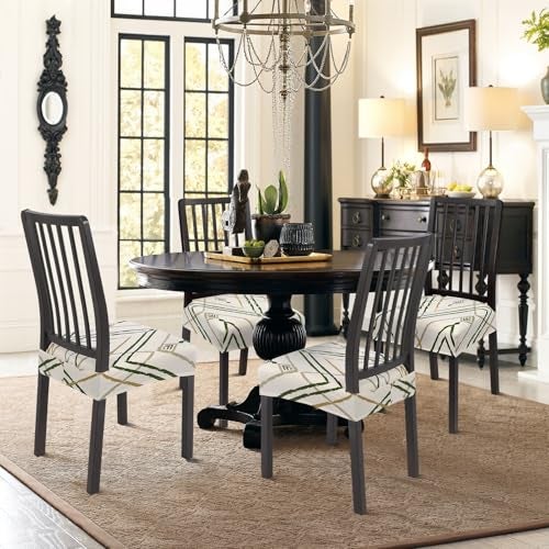 SearchI Stretch Dining Chair Seat Covers Set of 4 Soft Removable Washable Seat Covers for Dining Chairs Dining Room Seat Cover Protector RearCovered Brown Green Stripe - Image 3