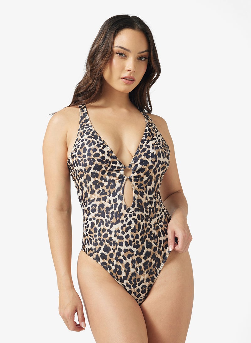 Ginger Plunge Neck Leopard Print Cutout Detail Swimsuit - Image 1