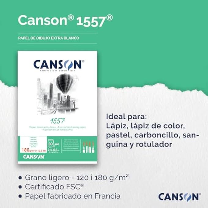 CANSON 1557 A3+ دفتر رسم حلزوني 30 ورقة، ورق فاخر 180 جرام للمخططات والفن الإبداعي - Image 2