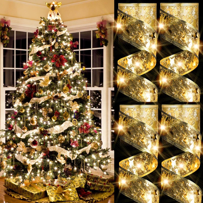 4 Pcs 6562 ft Christmas Ribbon Fairy Lights Gold Christmas Lights Lighted Ribbon Garland for Christmas Tree Gold Garland Christmas Decorations Indoor Outdoor Party Decorations Warm White