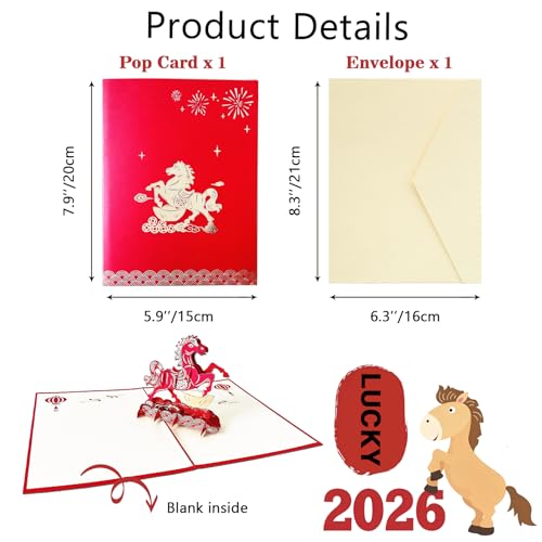 HEYINSHEN Chinese New Year Cards 2026 Horse Lunar New Year Pop Up Card 3D Chinese New Year Card Greeting Card with Red Envelopes Year of The Horse Decoration Lunar New Year Gifts Cards for Family - Image 3