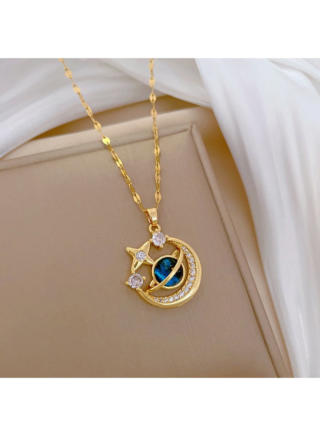 Enchanting Gold Tone Star and Moon Pendant Necklace with Blue Gemstone, Gold Plated Titanium Steel, Rhinestone Accents, Celestial Crescent Moon Design, Elegant and Mystical Style, Ideal for Evening Parties, Special Occasions, or Gifting, Exquisite Fashion Jewelry for Women