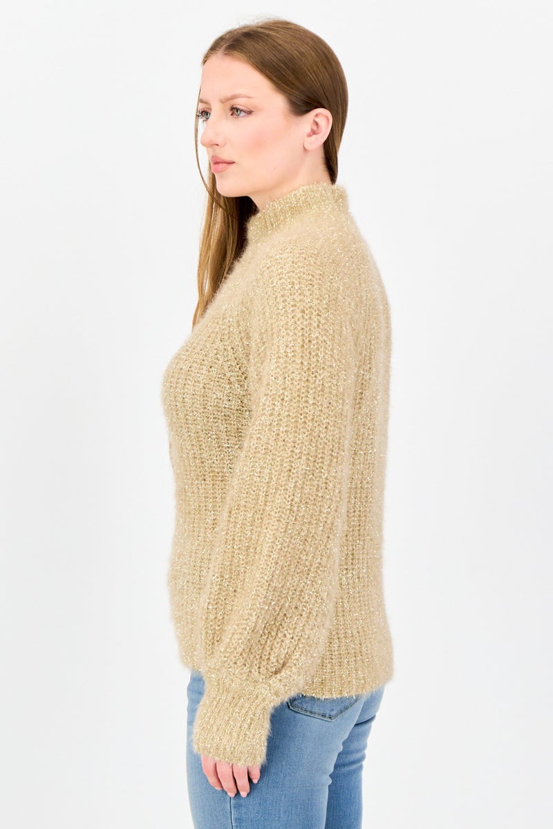 Reserved Women Mock Neck Crochet Sweater, Gold - Image 4