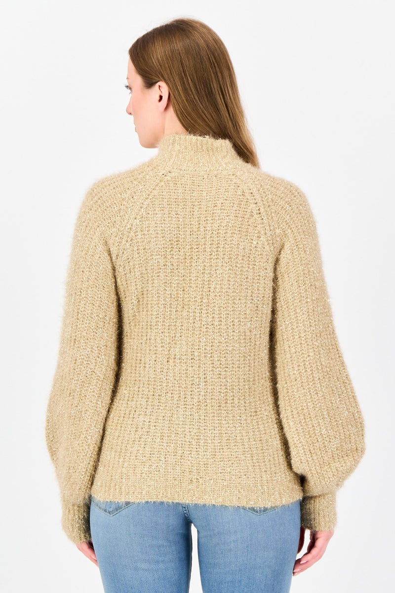 Reserved Women Mock Neck Crochet Sweater, Gold - Image 2