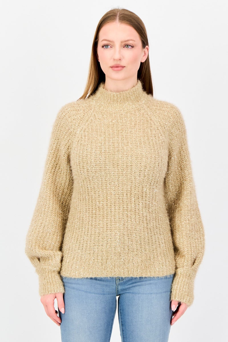Reserved Women Mock Neck Crochet Sweater, Gold - Image 1