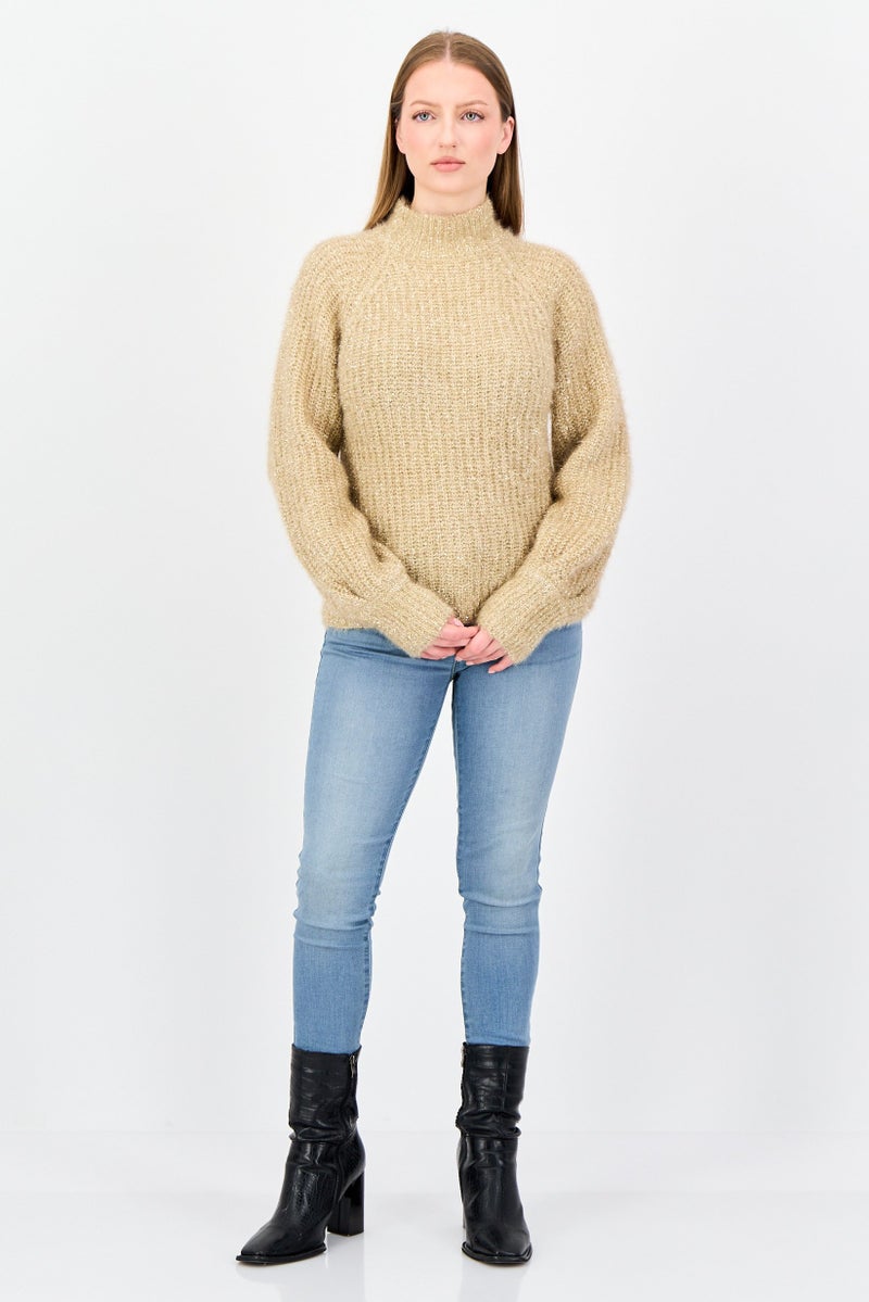 Reserved Women Mock Neck Crochet Sweater, Gold - Image 3