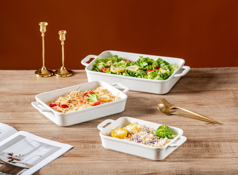 Dove 3-Piece Rectangular Porcelain Baking Dish Set White, Sizes 11 + 12.75 + 14.5 Inch
