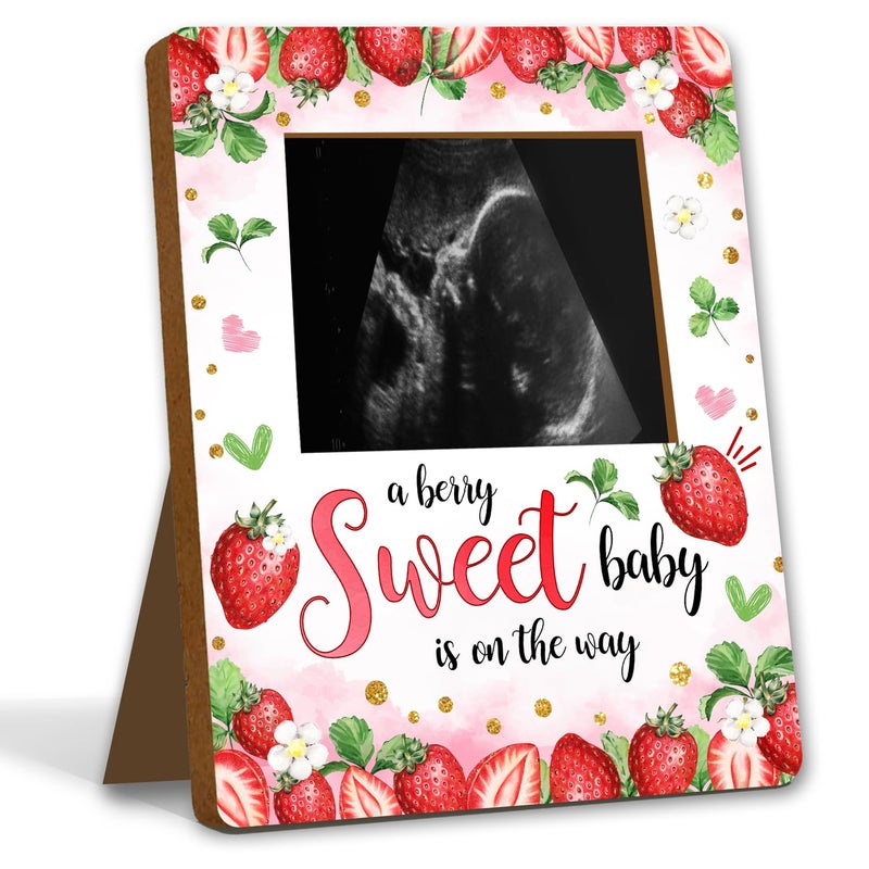 ALodr Strawberry Baby Shower Decorations, Baby Shower Sign Picture Frame, Berry Sweet Party Decor for Gender Reveal, Pregnancy Milestone Keepsake, Pregnancy Announcement Sonogram Photo Frames - Image 1
