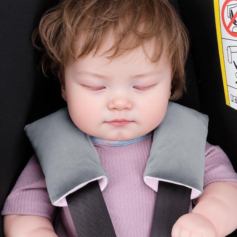 COOLBEBE وسادات كتف حزام مقعد السيارة COOLBEBE للأطفال الرضع والأطفال، أغطية حزام مقعد فائقة النعومة لجميع مقاعد السيارة/عربة الأطفال/عربة التسوق/كرسي الطعام (رمادي/وردي) - Image 2