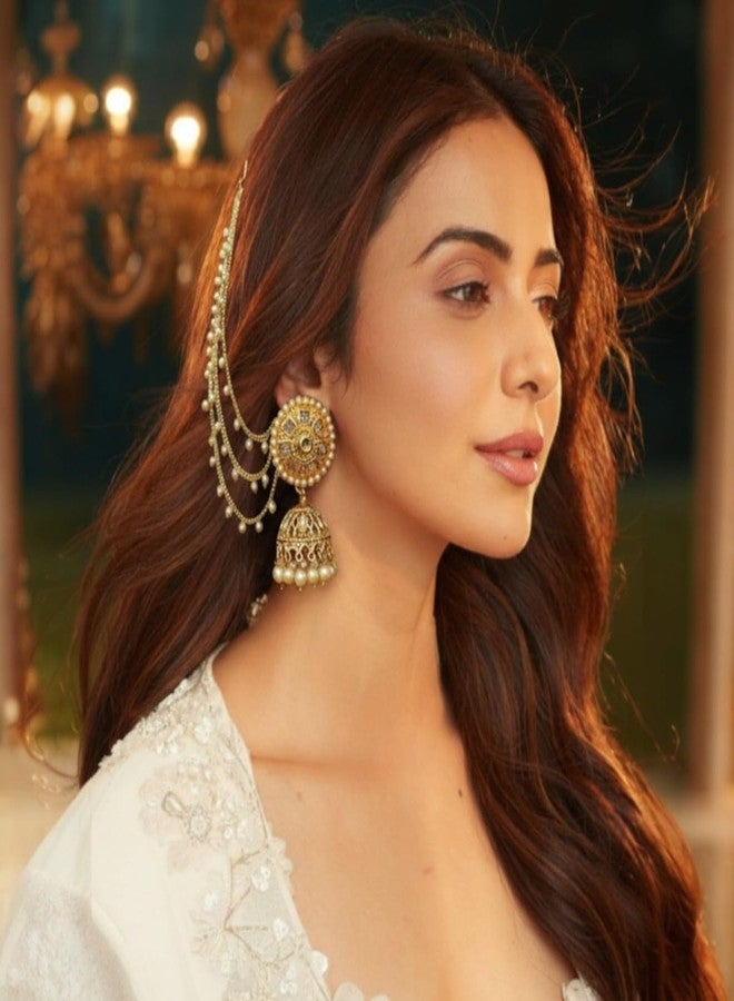 ACCESSHER Women's & Girls Gold-Tone Long Kundan Dangler Jhumka Earrings with Multilayer Pearl Hair Chain, Ear Chain Supporter Earrings Jeweller for Wedding - Image 2