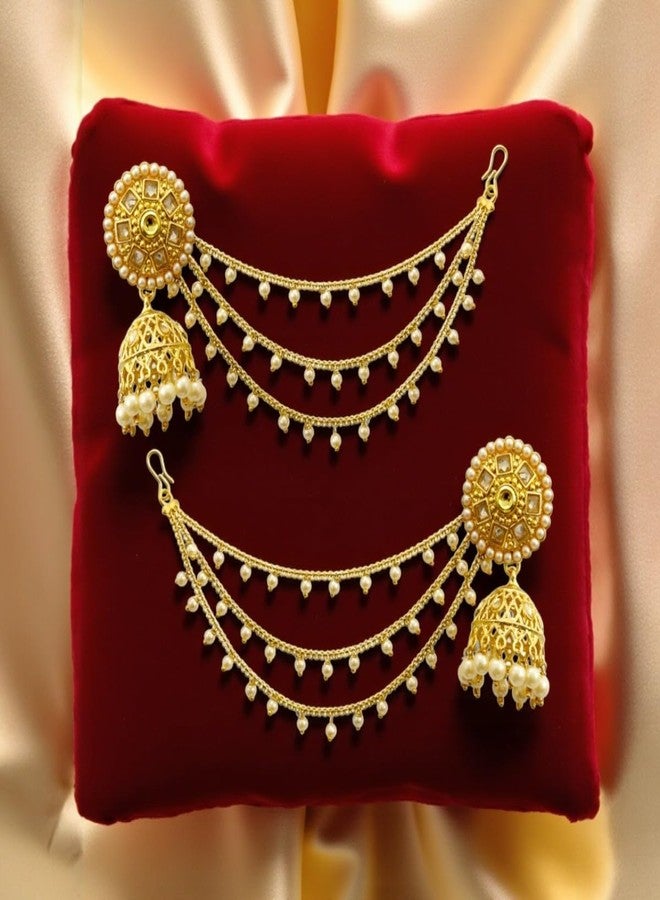 ACCESSHER Women's & Girls Gold-Tone Long Kundan Dangler Jhumka Earrings with Multilayer Pearl Hair Chain, Ear Chain Supporter Earrings Jeweller for Wedding - Image 3