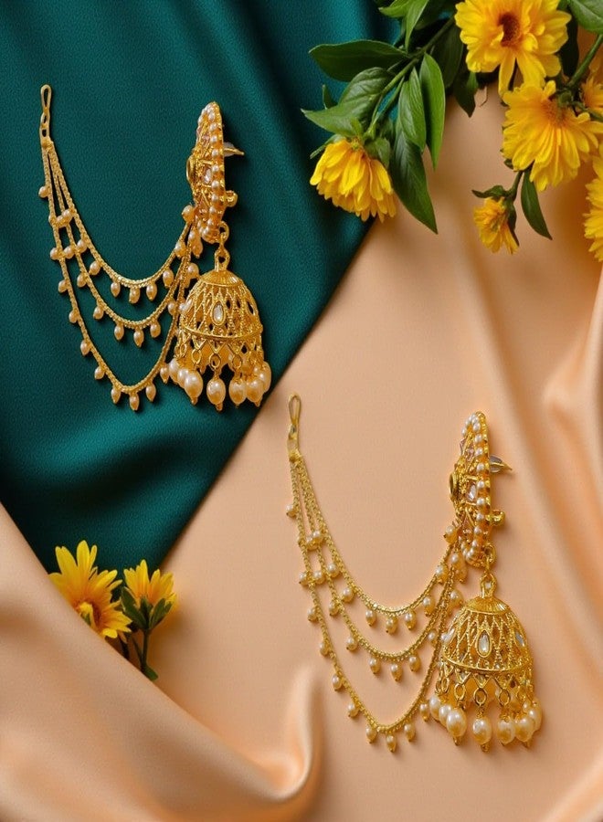 ACCESSHER Women's & Girls Gold-Tone Long Kundan Dangler Jhumka Earrings with Multilayer Pearl Hair Chain, Ear Chain Supporter Earrings Jeweller for Wedding - Image 4