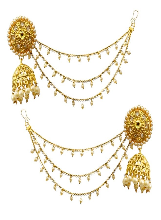 ACCESSHER Women's & Girls Gold-Tone Long Kundan Dangler Jhumka Earrings with Multilayer Pearl Hair Chain, Ear Chain Supporter Earrings Jeweller for Wedding - Image 1