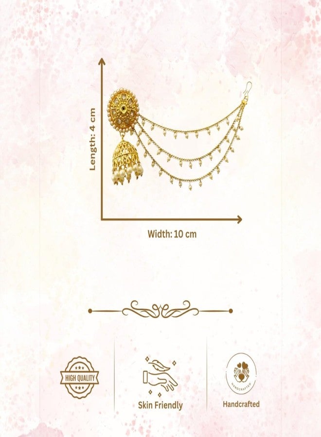 ACCESSHER Women's & Girls Gold-Tone Long Kundan Dangler Jhumka Earrings with Multilayer Pearl Hair Chain, Ear Chain Supporter Earrings Jeweller for Wedding - Image 5