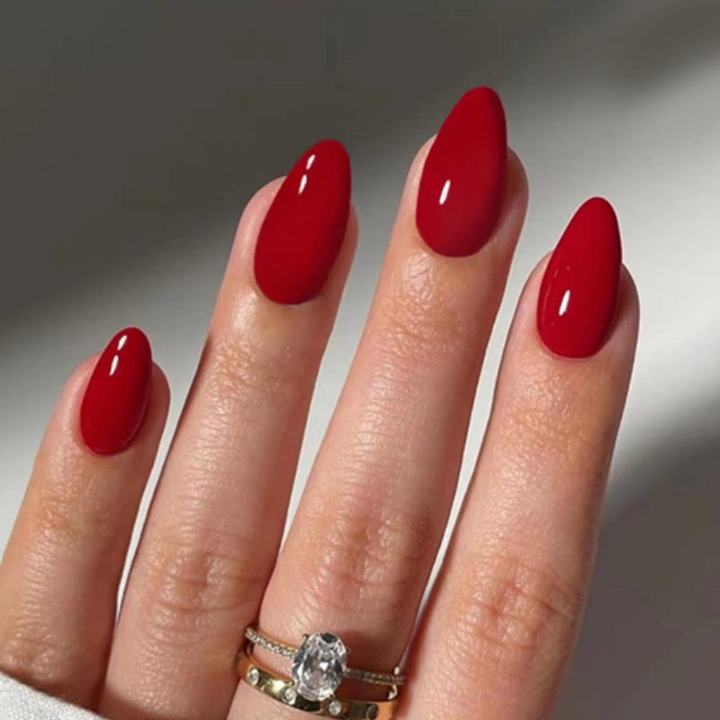 Sevgob Red Press on Nails Medium Almond Fake Nails Solid Red Color False Nails Reusable Glossy Artificial Acrylic Nail Press ons Christmas Nail for Women Daily Wear Manicure 24pcs - Image 1