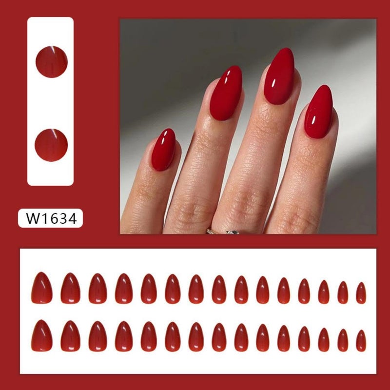 Sevgob Red Press on Nails Medium Almond Fake Nails Solid Red Color False Nails Reusable Glossy Artificial Acrylic Nail Press ons Christmas Nail for Women Daily Wear Manicure 24pcs - Image 2