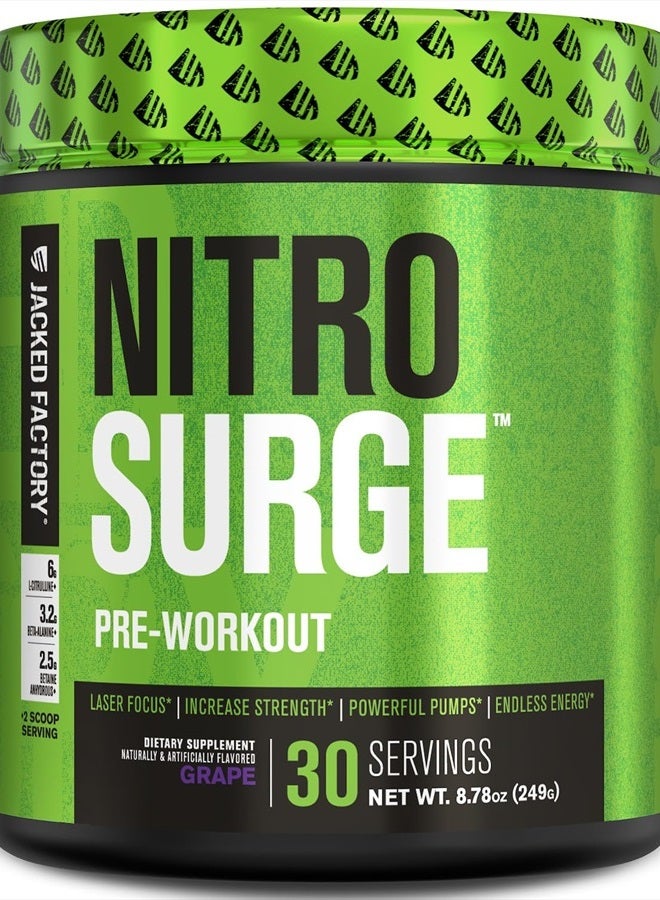 Jacked Factory NITROSURGE Pre Workout Supplement - Endless Energy, Instant Strength Gains, Clear Focus, Intense Pumps - Nitric Oxide Booster & Powerful Preworkout Energy Powder - 30 Servings, Grape - Image 1