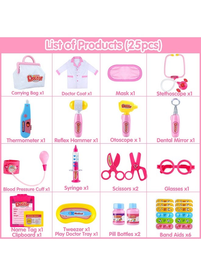 INNOCHEER Pink Doctor Kit For Kids 25 Pieces Doctor Kit For Toddlers Kids Doctor Playset Set With Roleplay Doctor Costume Dress Up Clothes Halloween Costume For Girls Kids Dr Kit For Toddlers 3+  - Image 3
