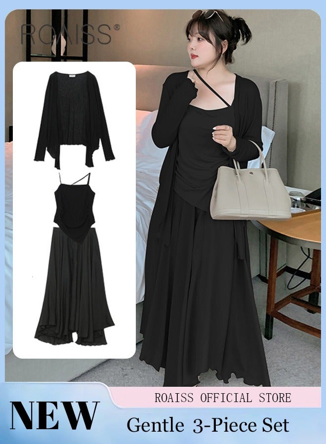 roaiss 3-Piece Women Skirt Suit Summer Skirt Japanese-Style Pleated Three-Piece Suit Women's Short-Sleeved Wrap V-Neck Blouse Flared Skirt Light Cardigan Suit  - Image 1
