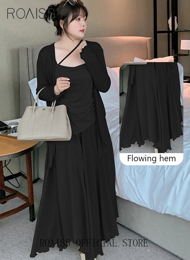 roaiss 3-Piece Women Skirt Suit Summer Skirt Japanese-Style Pleated Three-Piece Suit Women's Short-Sleeved Wrap V-Neck Blouse Flared Skirt Light Cardigan Suit  - Image 2