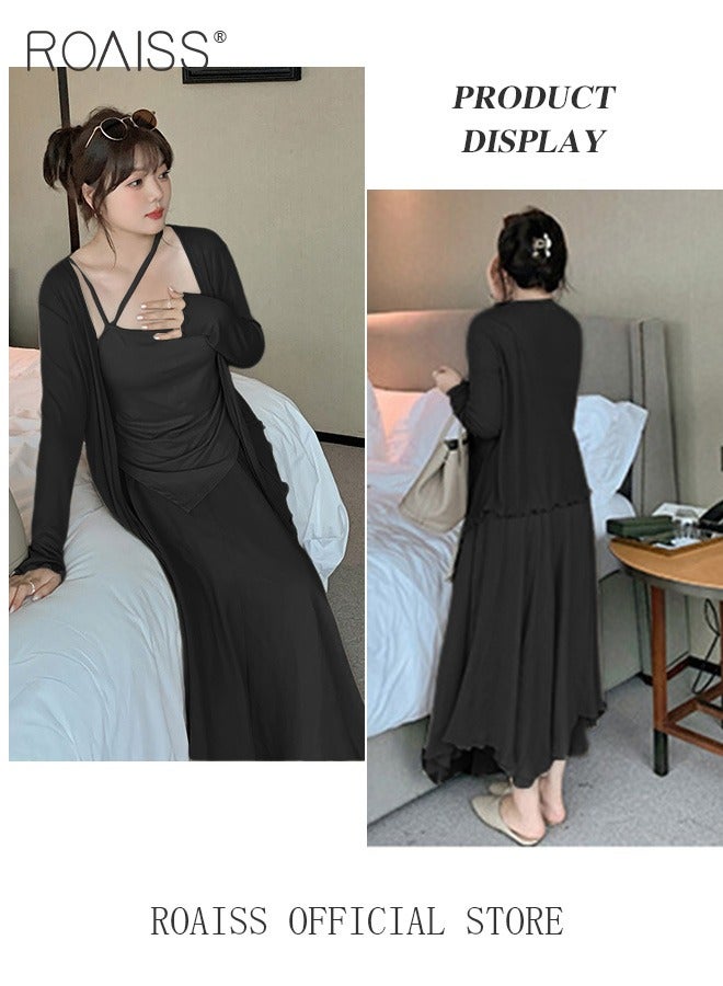 roaiss 3-Piece Women Skirt Suit Summer Skirt Japanese-Style Pleated Three-Piece Suit Women's Short-Sleeved Wrap V-Neck Blouse Flared Skirt Light Cardigan Suit  - Image 5