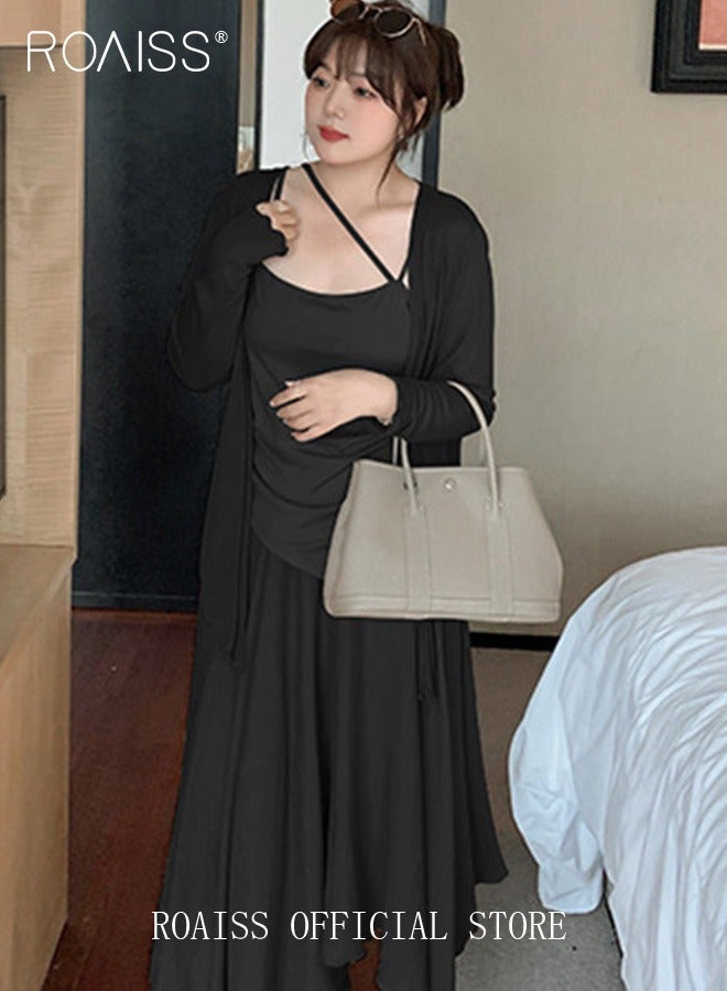 roaiss 3-Piece Women Skirt Suit Summer Skirt Japanese-Style Pleated Three-Piece Suit Women's Short-Sleeved Wrap V-Neck Blouse Flared Skirt Light Cardigan Suit  - Image 3