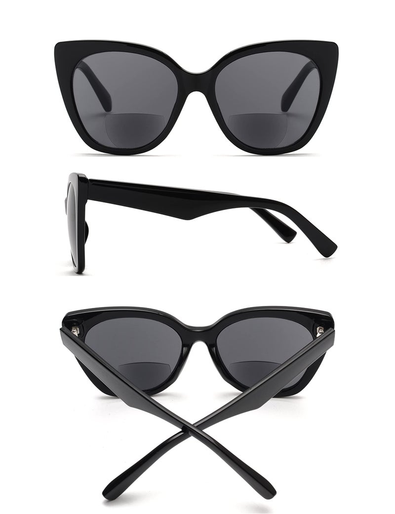 JM Classic Bifocal Reading Glasses Oversized Cateye Stylish Sunglasses Readers for Women Black +2.0 - Image 3