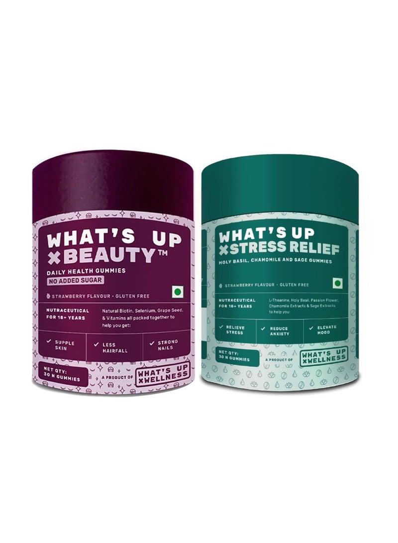 واتس أب مجموعة What's Up Wellness Beauty وتخفيف التوتر. البيوتين الطبيعي لشعر قوي، وفيتامين A، وB6، وC للبشرة المشرقة + L-Theanine لتقليل القلق والتوتر. خدمة لمدة 30 يومًا. لا آثار جانبية. - Image 1