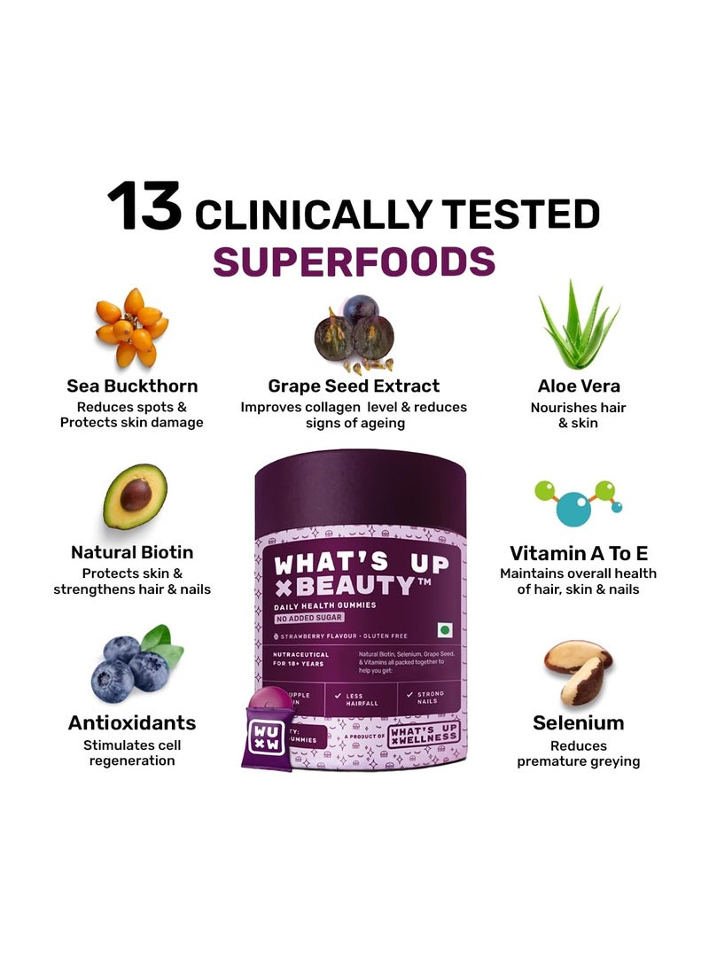 واتس أب مجموعة What's Up Wellness Beauty وتخفيف التوتر. البيوتين الطبيعي لشعر قوي، وفيتامين A، وB6، وC للبشرة المشرقة + L-Theanine لتقليل القلق والتوتر. خدمة لمدة 30 يومًا. لا آثار جانبية. - Image 4