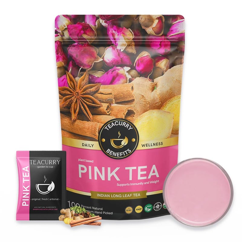 TEACURRY مزيج شاي تيكاري الوردي - 15 كيس | مزيج شاي الزنجبيل الوردي مفيد للمناعة، شاي وردي لفقدان الوزن وصحة العظام | 100% شاي وردي طبيعي من أوراق كشمير | عبوة واحدة، 30 جرام - Image 1