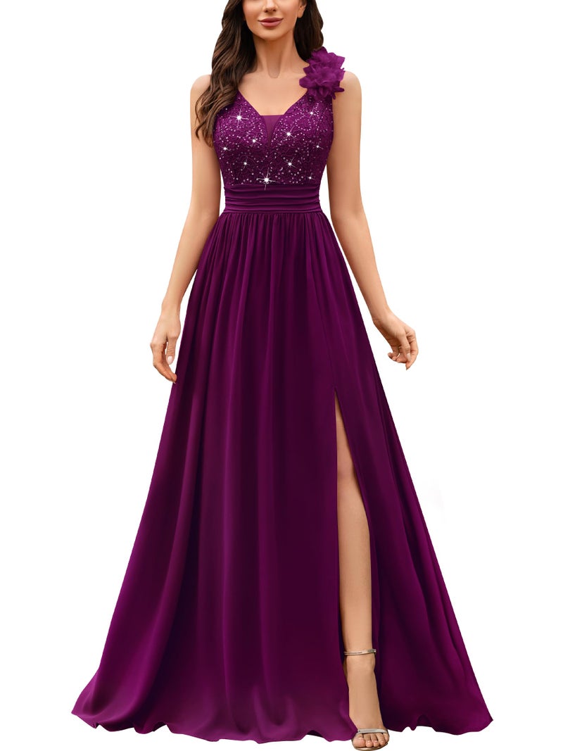 Miusol Women's Vintage V-Neck Sleeveless Sequined Split Formal Evening Maxi Dress (Large, Maroon) - Image 1