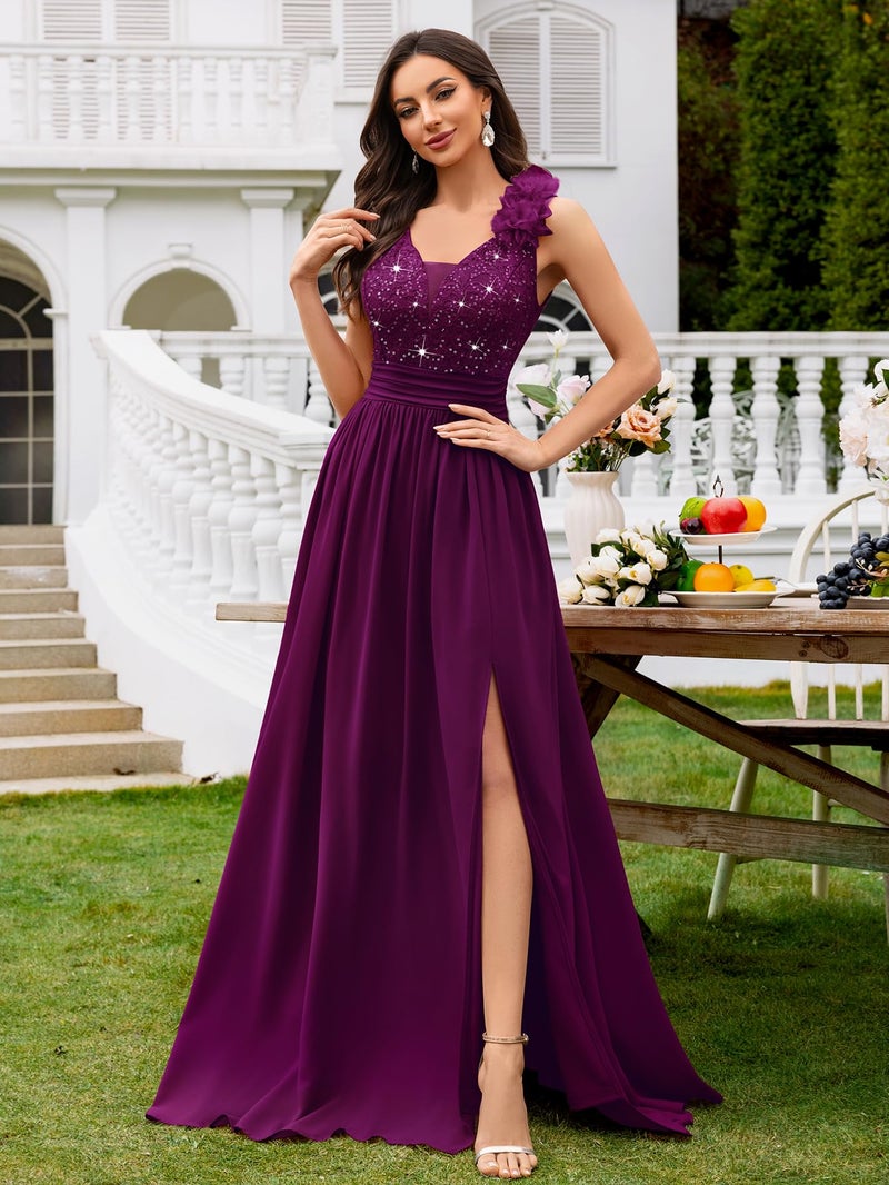 Miusol Women's Vintage V-Neck Sleeveless Sequined Split Formal Evening Maxi Dress (Large, Maroon) - Image 3