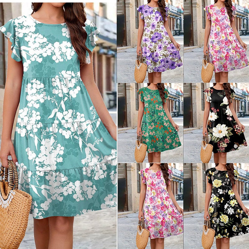 Women's Printed Cake Flounce Sleeve Casual Dress - Image 1