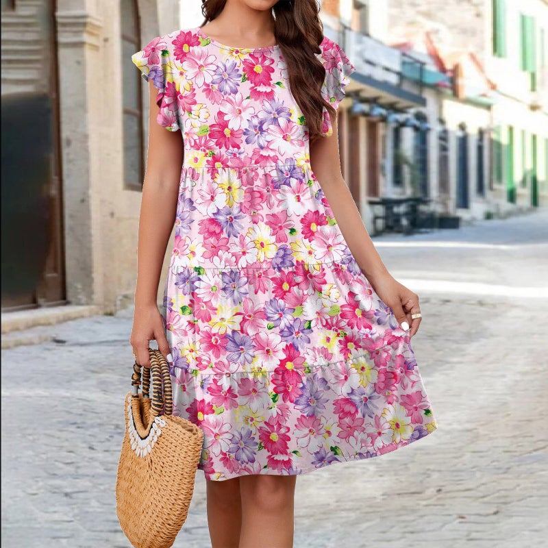 Women's Printed Cake Flounce Sleeve Casual Dress - Image 3