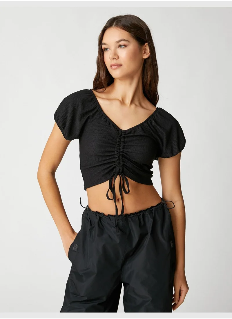 KOTON Crop T-Shirt Puff Sleeve Shirred V Neck