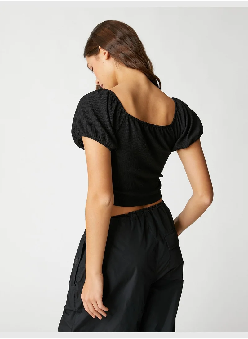 KOTON Crop T-Shirt Puff Sleeve Shirred V Neck