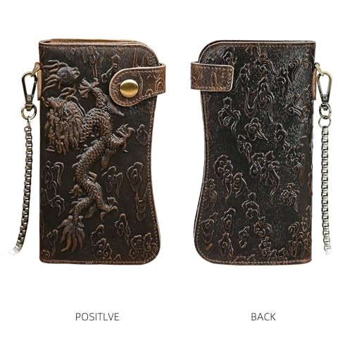 Handadsume Genuine Crazy Horse Leather Travel Gift Coin Pocket Card Case Long Organizer Chain Rfid Wallet Purse With Snap For Men Male 1088 1088 Dark BrownDragon - Image 3