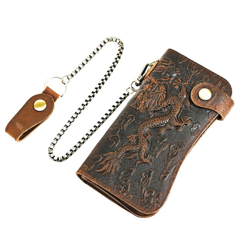 Handadsume Genuine Crazy Horse Leather Travel Gift Coin Pocket Card Case Long Organizer Chain Rfid Wallet Purse With Snap For Men Male 1088 1088 Dark BrownDragon - Image 2